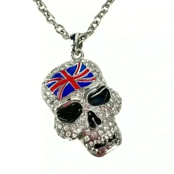 Jewelry - Rare Vintage Union Jack Skull Necklace - Gothic Punk Rocker  UK Flag Pendant